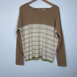 Olivia & Grace Womens Sweater L Tan Cashmere Striped Colorblock Boat Neck Luxury